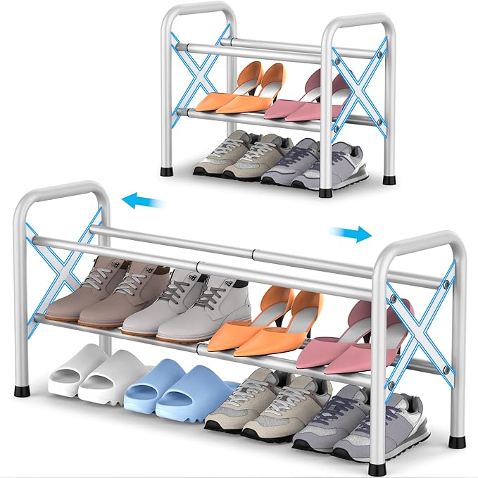 2-Tier Expandable Shoe Rack for Closet Floor, X-Frame Metal Small Shoe Rack for Entryway, Adjustable Shoe Shelf Organizer, Free Standing Shoe Racks for Front Door Entrance, Garage - White