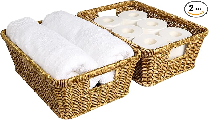 Wicker Storage Basket Water-resistant: Easy-Clean Stackable Baskets for Pantry, Kitchen,Rectangle Basket for Shelf,Tan,2-pack