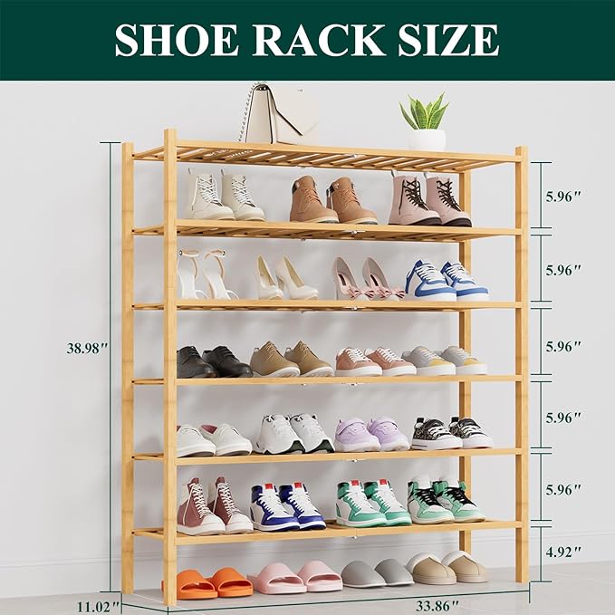 Smiry Shoe Rack, 6 Tier Thick Long Bamboo Shoe Organizer, Stackable Free Standing Wooden Shoe Storage Shelf for Closet, Entryway, Front Door Entrance, Natural