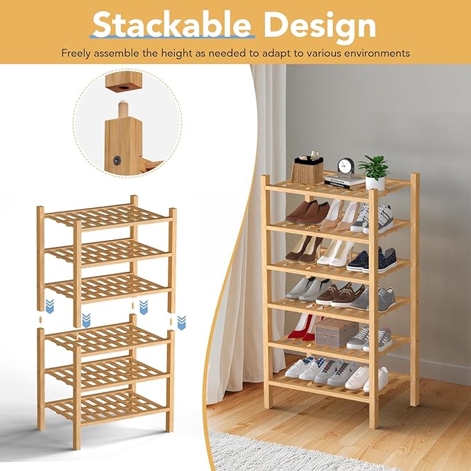 Haddockway Small 6 Tier Bamboo Shoe Rack Storage Organizer,Multifunctional Free Standing Stackable Shoe Shelf with Grid Panel for Closet,Hallway,Entryway,Small Space 18"x11"x34"