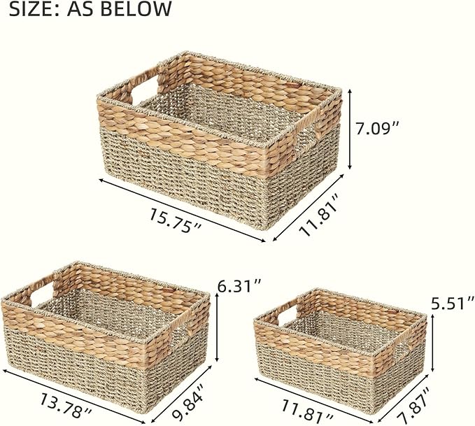 YAHUAN Natural Water Hyacinth & Seagrass Woven Storage Baskets â Wicker Storage Basket Organizer Bins with Handles for Home & Office Pantry Shelf (Set of 3)