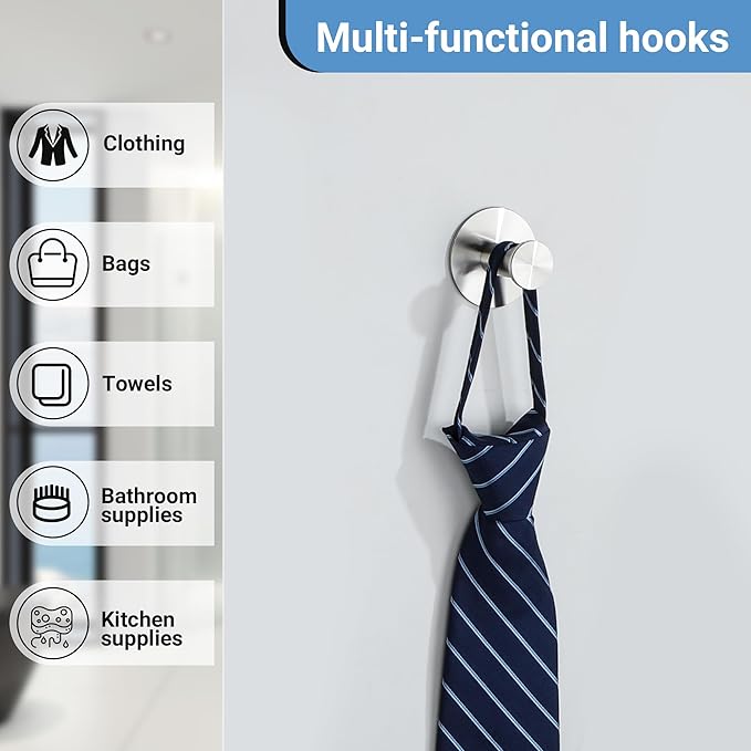 SAYAYO Self Adhesive Hooks for Hanging, Brushed Nickel Towel Hook for Bathrooms Coat Hooks Wall Mount, Stick on Hook SUS304 Stainless Steel, 4pcs