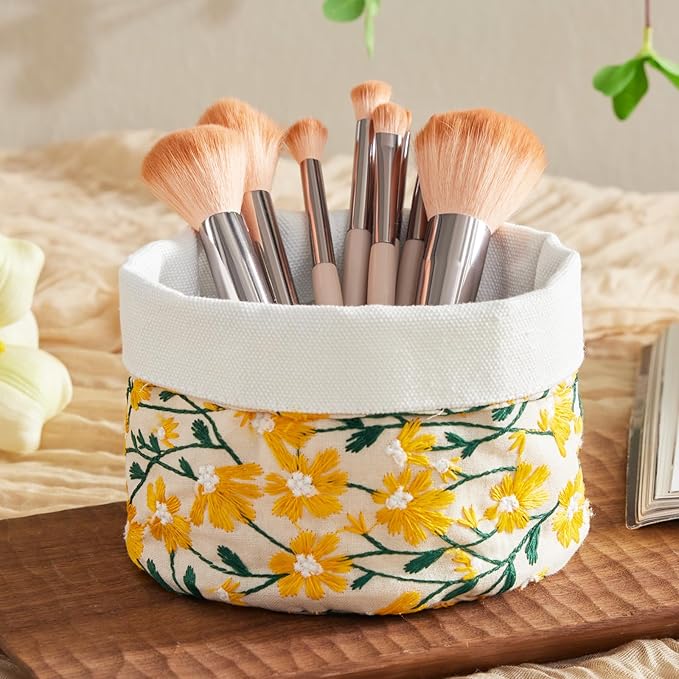 HAUSFRAU Decorative Storage Baskets - Round Embroidered Jacquard Baskets for Home Decor and Organizing - Small Storage Box and Organizer Bins, 5.12"x5.12"x5.12", Yellow Daisy