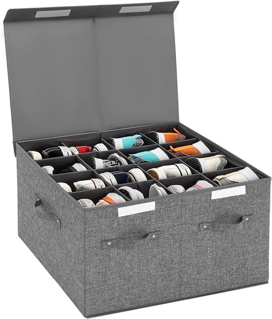 Shoe Organizer for Closet Fits 16 Pairs, Large Shoe Storage Box Bins Containers with Lid and Adjustable Dividers for Shoes, Sneakers and High Heeled, Hard Shell and Stackable (Grey)