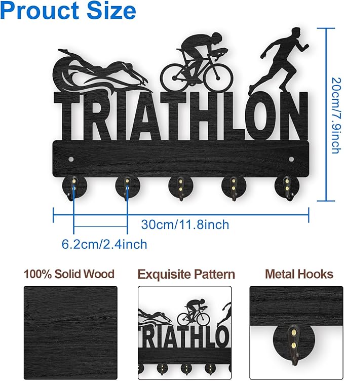 MAYJOYDIY Triathlon Coat Hooks Wall Mounted 11.8×8inch Key Holder Hooks Wood Wall Coat Rack 5 Metal Hooks Hook Rack Rail for Art Decor Gift Sports Hat Medals Swimming Goggles Wall Hanger