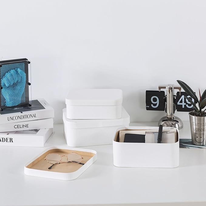 Soul & Lane Set of 3 Textured White Boxes with Rounded Edges, Decorative Cardboard Boxes with Lids, Large Nesting Paperboard Containers for Gifts, Organizing, Keepsakes