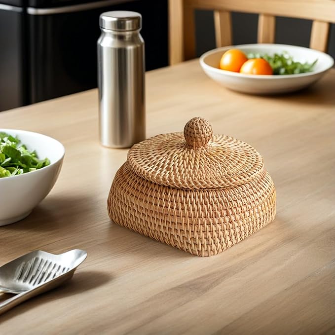 STOBAZA Small Round Remote Control Storage Box Woven Rattan Basket with Lid 3.15X4.33X3.15 Inches Compact Desktop Organizer for Living Room Coffee Table Sundries