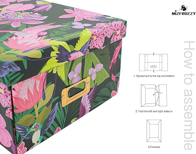 Decorative Storage Box with Lid, Cardboard Paperboard Keepsake box, Green, Foldable, Tropical Floral with Hummingbirds, Photo Storage Box for Memory, Home Decor, Wool Organizer