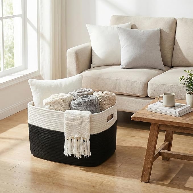 Woven Blanket Basket,65L Large Storage Bin for Blankets Toys Clothes,Decorative Rope Basket for Living Room Bedroom with Handles, White&Black