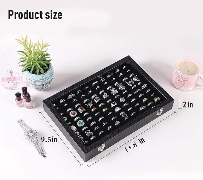 100 Slots Ring Case Organizer Display Box,Rings Holder Storage Boxes for Jewelry Showcase with Glass Lid (Black Velvet).