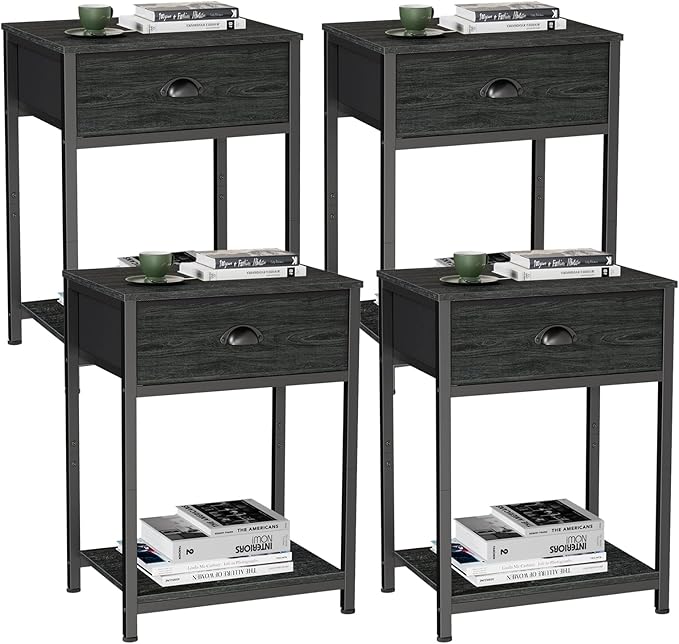 Nightstands Set of 4, Industrial End Table with Fabric Drawer&Storage Shelf, Small Bedside Table Organizer for Small Space, Side Table for Living Room, Tall 23.6" Night Stand for Bedroom, Black Oak