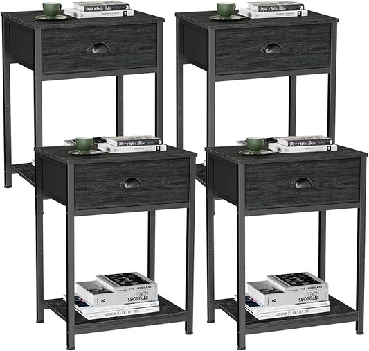 Nightstands Set of 4, Industrial End Table with Fabric Drawer&Storage Shelf, Small Bedside Table Organizer for Small Space, Side Table for Living Room, Tall 23.6" Night Stand for Bedroom, Black Oak