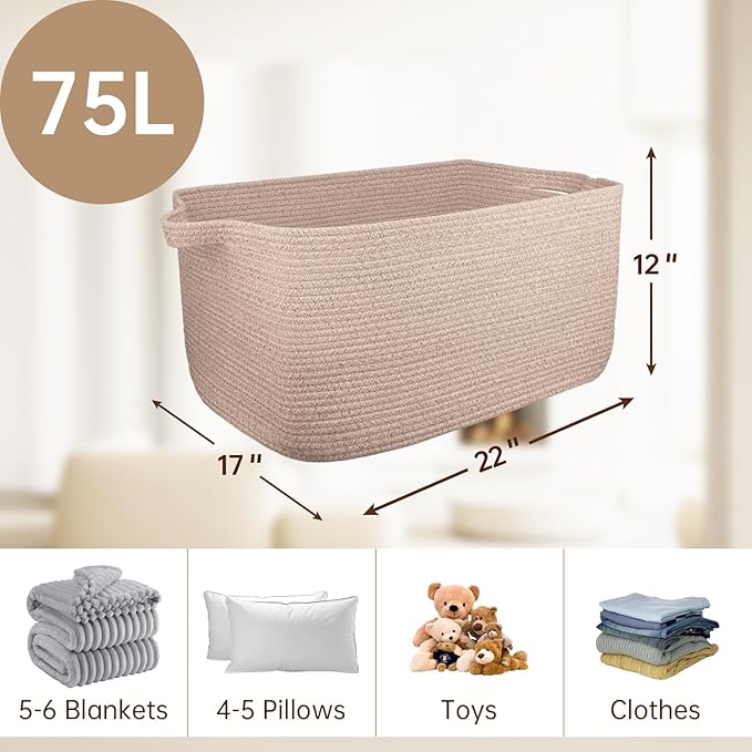 75L Large Blanket Basket,woven baskets for storage,Storage Basket for Organizing,Cotton Rope Basket with Handle,Blanket Basket living Room,Toy Basket for Nursery