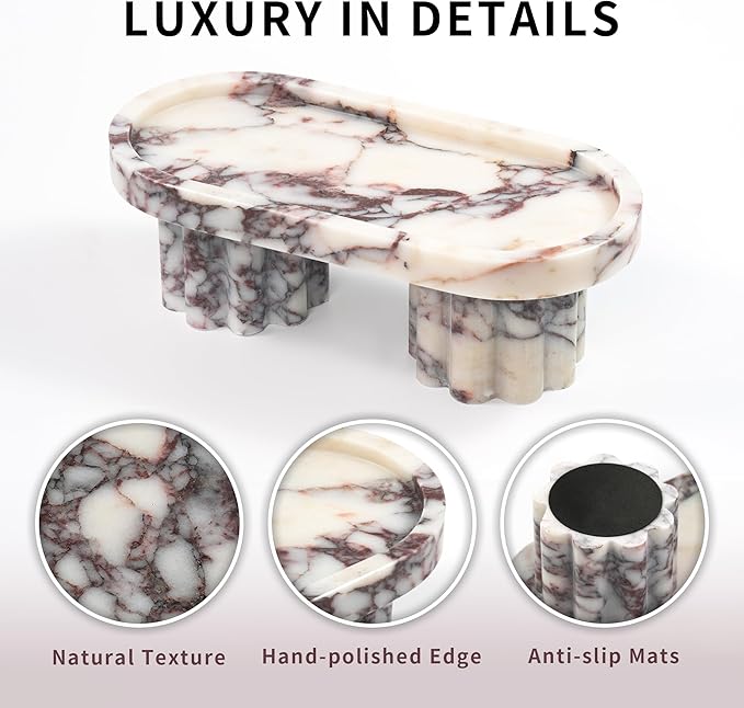 Marble Perfume Tray with Legs - Oval Decorative Stone Pedestal for Bathroom Vanity Coffee Table Kitchen Countertop, Footed Jewelry Candle Organizers Catchall Plate Riser with Scalloped Feet