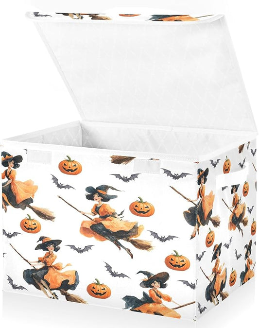 Halloween Baskets Collapsible Storage Bins with Lids, Witch Pumpkin Bat Pattern Storage Boxes Clothes Baskets for Organizing