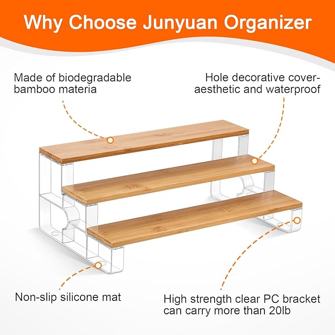 junyuan Spice Rack Organizer for Cabinet,3 Tier Spice Organization for Kitchen,Bathroom Organizers and Storage,Seasoning Countertop Shelf,Bamboo Display Shelves Racks,Clear 11.2"