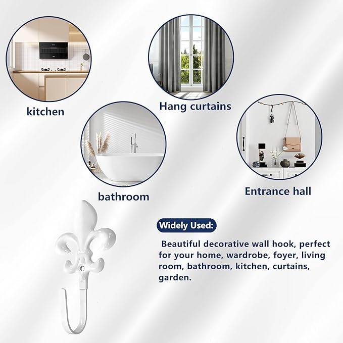 4 Pack Vintage French Fleur De Lis Decorative Wall Hooks, Heavy Duty Metal Curtain Tie Backs for Hanging Coats, Towels, and Robes, Wall Mounted Hangers for Entryway & Bathroom (White)