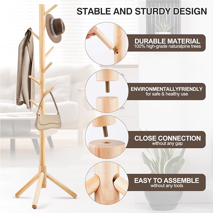 2 PCS Coat Rack, Freestanding Coat Rack with 8 Hooks and 3 Adjustable Size Tree Coat Racks for Bedroom, Hallway, Entrance, Office, for Hats, Coats, Scarves, Handbags