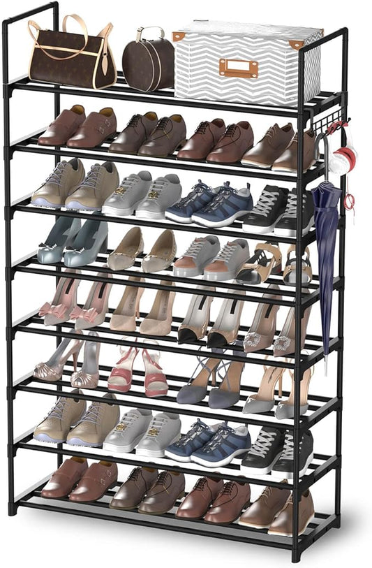 8 Tiers Metal Shoe Rack,Adjustable Shoe Shelf Storage Organizer with Hooks,Stackable Boot & Shoe Storage,for Entryway,Hallway,Closet,Black