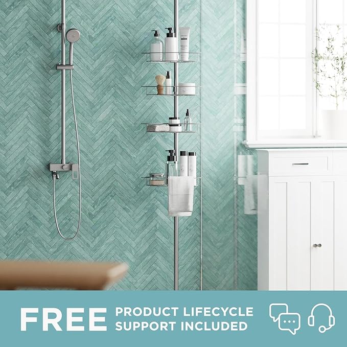 Zenna Home Tension Pole Shower Caddy Corner Organizer, Adjustable Standing Shower Caddy with 4 Baskets and Towel Bar, Rust Resistant Bathroom Tension Rod Organizer, 60 to 97 Inch, Satin Nickel