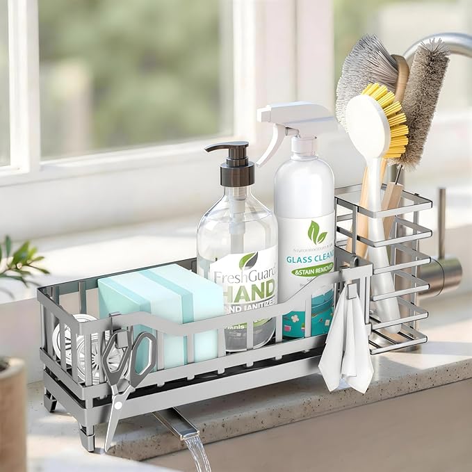 Sponge Holder for Kitchen Sink, Kitchen Sink Caddy with Long-Handled Dish Brushes Holder, 304 Rustproof Stainless Steel Countertop Organizers and Storage, Home Kitchen Sink Accessories (Grey)
