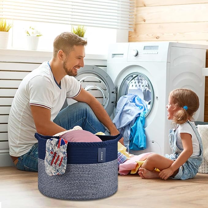 COMSE Extra Large Blanket Basket, Woven Laundry Basket, 21.7âx 13.8â, Nursery Hamper, Cotton Rope Laundry Hamper Living Room for Storage Toys Clothes Towels (Navy Blue)