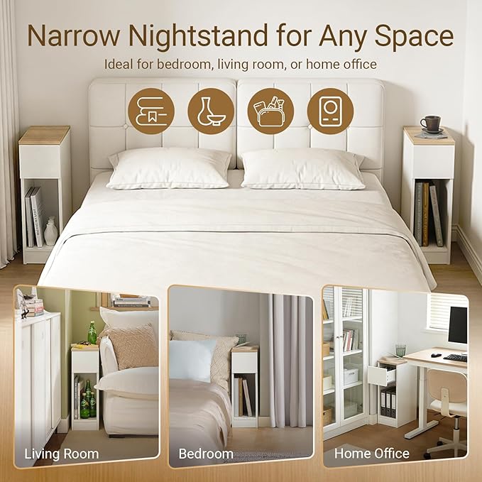 SoBuy Narrow Nightstand Set of 2, Narrow Bedside Table with Sliding Drawer and Open Compartment, Modern Slim End Table Storage Cabinet, White & Natural, FBT111-WNX2
