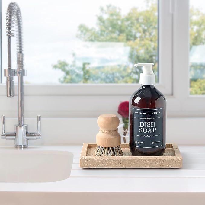 Natural Small Marble Vanity Tray, Luxury Stone Organizer for Bathroom & Kitchen | Holds Soap Dispenser, Jewelry, Perfume | Non-Resin, Non-Ceramic Décor (Travertine, Mini (7.9" x 4.3" x 0.78"))