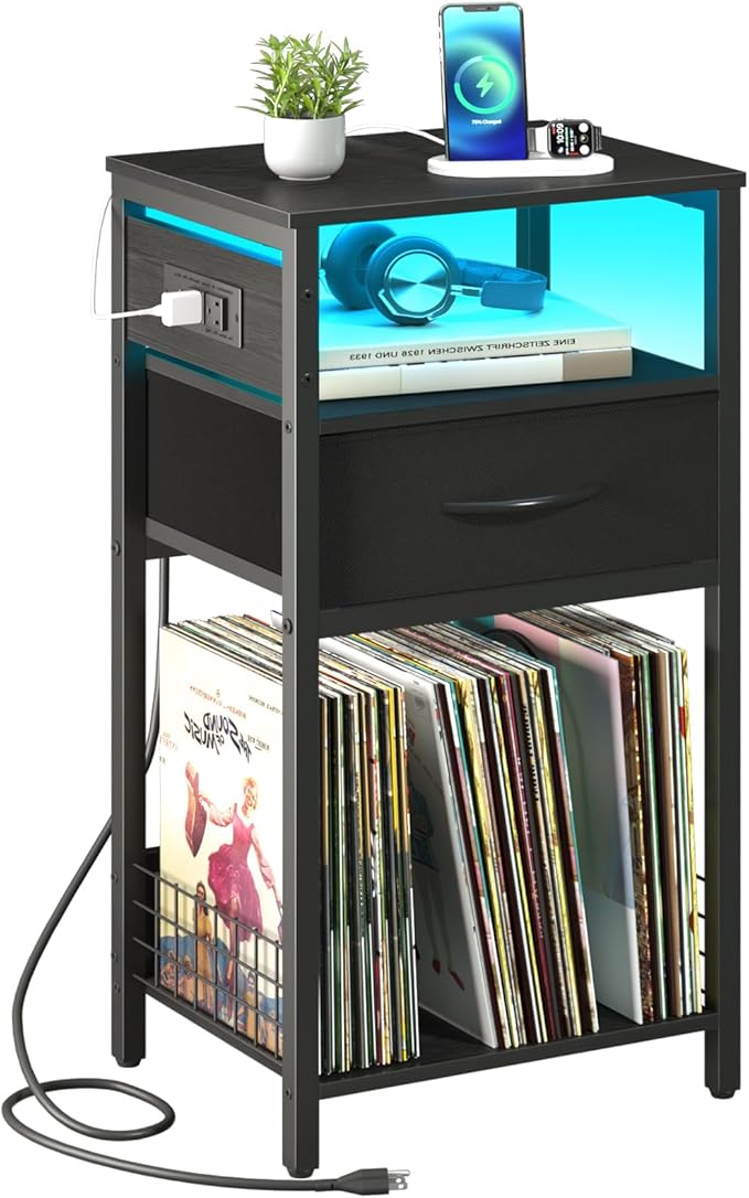 Yoobure Record Player Stand with Storage - End Table with Charging Station & LED Lights, Vinyl Record Storage Holds Up to 100 Albums, Nightstand with Drawer for Living Room Bedroom, Black