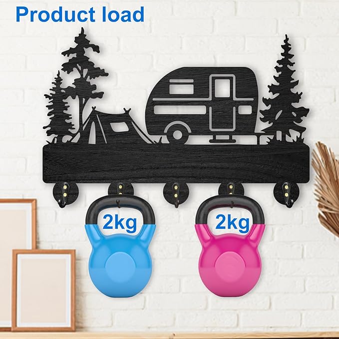 MAYJOYDIY Camping Wall Mount Coat Rack 11.8×8inch Wooden Camping Car Key Holder for Wall Outdoor Key Rack Hanger Forest Tree Key Hook 5 Alloy Hooks for Camping Decor Accessories Travel Trailers Gift