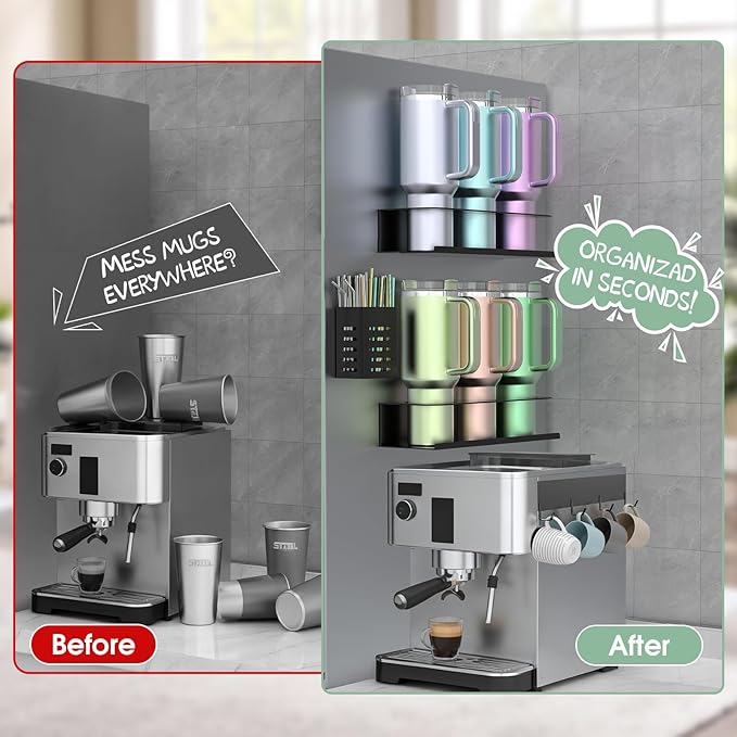 2 Pack Magnetic Stanley Cup Organizer Water Bottle Holder for Stanley 30&40 oz Tumbler with Lid Hook Straw Holder and Double Sided Tape Hold Stanley Cup Accessories for Kitchen Fridge Cabinet