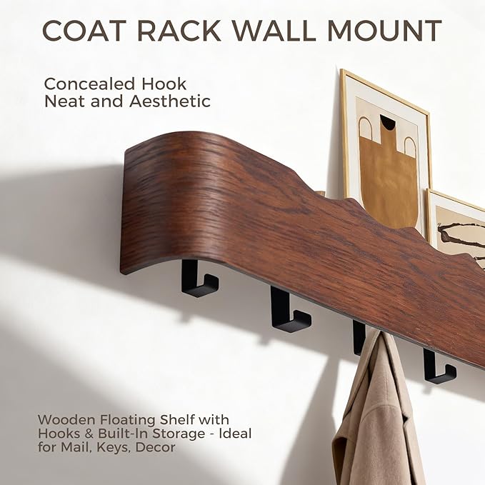 Wall Coat Rack Floating Shelves Modern Coat Rack Wall Mount with Storage Entryway Shelf Wooden Hanger 20 Inch 4 Hidden Metal Hooks for Living Room Bedroom (Wavy Walnut Color, 4 Hooks)
