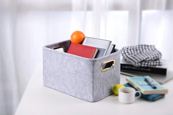 Collapsible Storage Bins Foldable Felt Fabric Storage Basket Organizer Boxes Containers with Handles Metal Handles for Nursery Toys,Kids Room,Clothes,Towels,Magazine