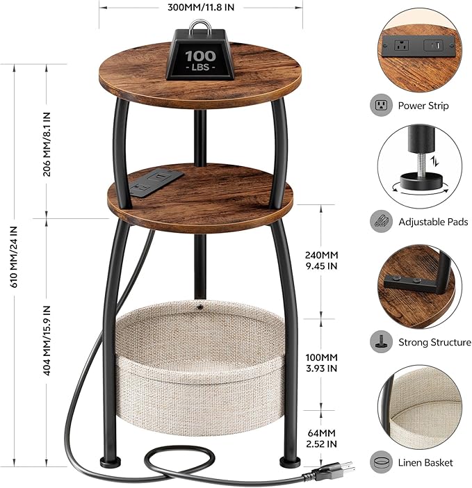 Side Table with Charging Station, Small Round End Table with Basket, USB Port and Outlet, 3 Tiers Sofa Couch Table Bedside Table for Living Room Bedroom, Small Spaces, 11.81in Rustic Brown