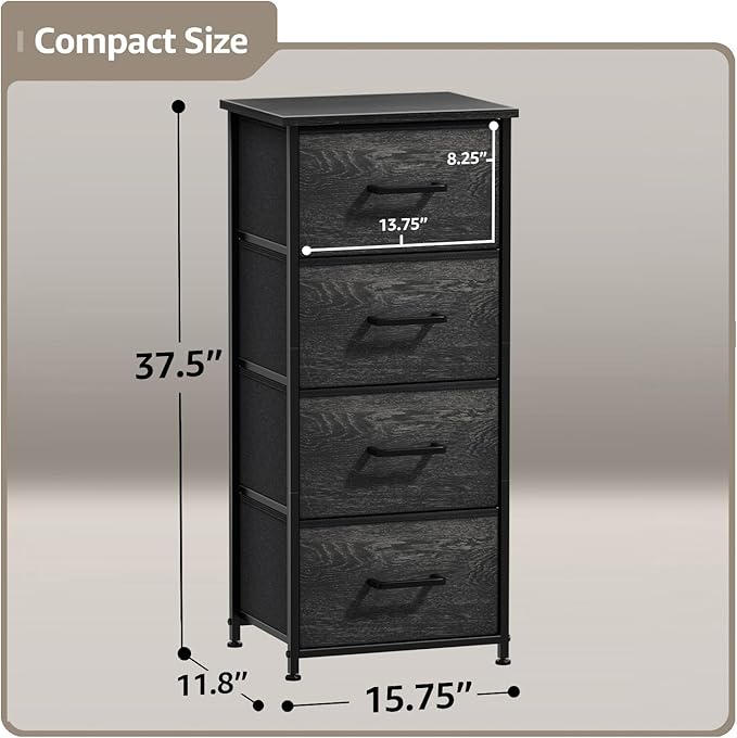 Sorbus Nightstand Dresser with 4 Faux Wood Drawers - Tall Bedside Table Chest with Storage, Steel Frame, Wood Top, Easy Pull Fabric Bins for Bedroom, Living Room, Closet & Dorm Furniture Lamp Stand