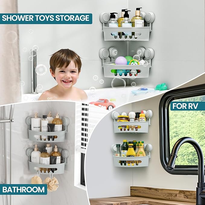 TAILI Suction Corner Shower Caddy, Bathroom Shelf Storage Basket Wall Mounted Organizer for Shampoo, Conditioner, Plastic Rack for Kitchen and Bathroom, Drill-Free Removable-Grey