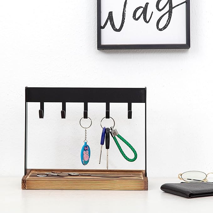 Metal 5-Hook Table Key Holder Torched Wood Base Rustic Industrial Tabletop Countertop Organizer Matte Rack Hanging Hooks Burnt Wooden Bottom Slot Rings Coins Accessories Jewelry Daily Supplies