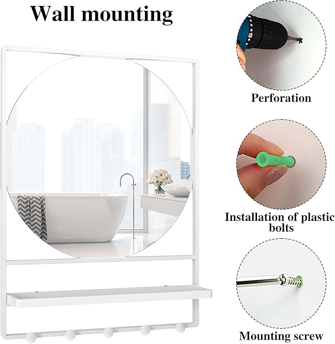 WONSTART 21" X 28" Wall Mirror with Shelf and Hooks,Entryway Mirror with Hooks, Metal Framed Bathroom Mirror with Shelf for Bathroom, Bedroom, Living Room (White, 21 x 28)