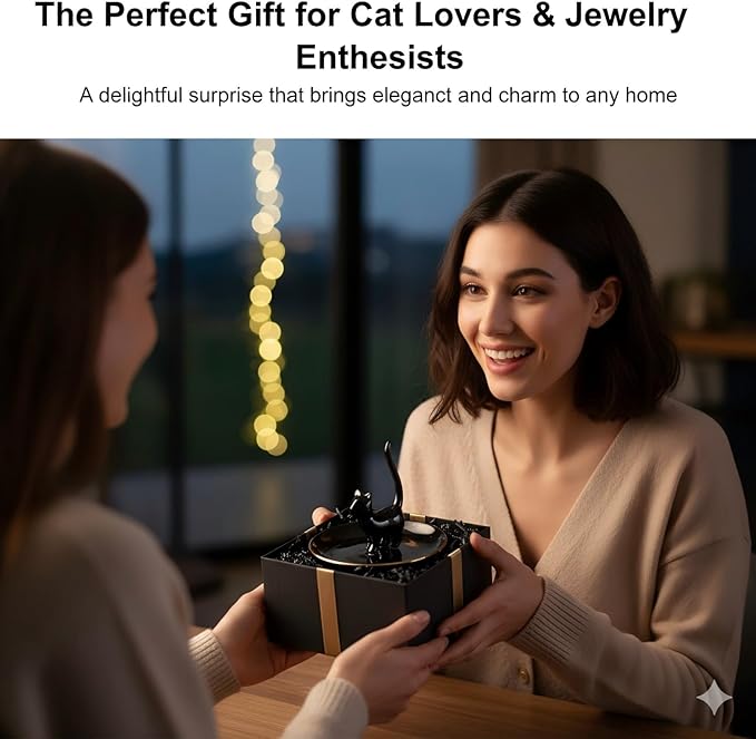 ROSA&ROSE Cat Ring Holder Trinket Tray Ceramic Jewelry Dish Porcelain Ring OrganizerâGift for Women,Girlfriend,Wife,Birthday or Anniversary (Black)