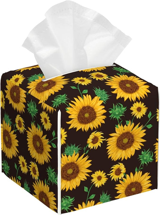 Sunflower Tissue Box Cover Leather Tissue Box Holder Square Facial Paper Organizer Dispenser for Bathroom Kitchen Bedroom Vanity Countertop Night Stands