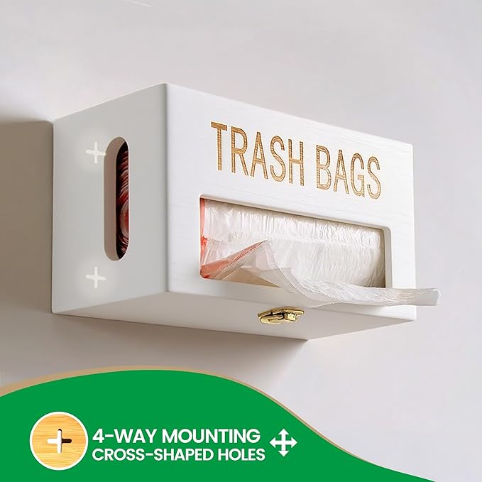 Extra Large White Bamboo Trash Bag Holder Dispenser, Fits Costco & Sam's Club Jumbo Rolls, Under-Sink, Cabinet & Wall Mount Organizer, Garbage Bag Storage for Kitchen, Pantry, Garage