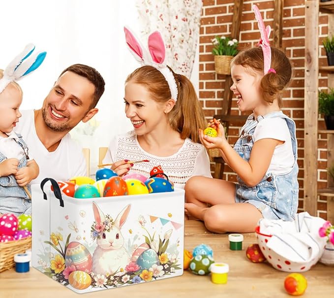Rectangular Easter Kids Storage Gift & Toy Bin Organizer Shelf Book Basket Room Decor (Flag Easter Bunny)