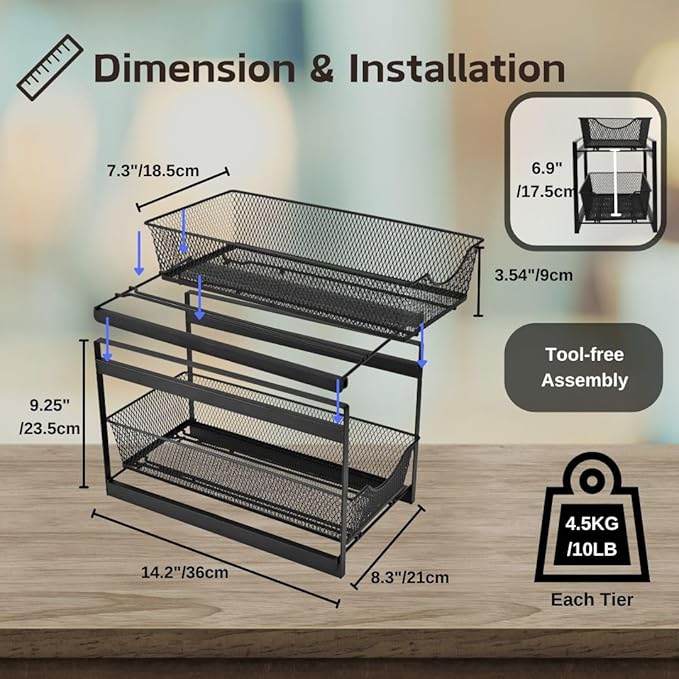 IBERG 2 Tier Bathroom Organizer with Pull Out Drawer, Under Sink Storage Organizer for Kitchen Cabinet, Metal Sliding Basket (Black)