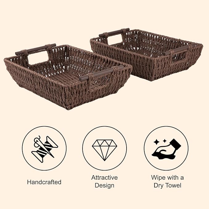 OIAHOMY Storage Baskets, Small Paper Rope Wicker Organizers with Wooden Handles, Baskets for Organizing, 2-Pack, Brown