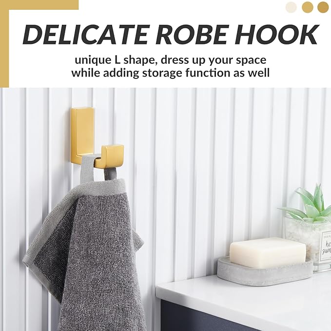 APLusee Robe Towel Hook, 304 Stainless Steel Modern L Shape Practical Coat Hook, Utility Shower Towel Hanger for Bathroom Kitchen Home Storage (Brushed Gold)