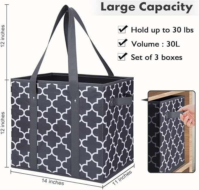 WISELIFE Reusable Grocery Bags 2-Pack Foldable Washable Large Storage Bins Basket Water Resistant Shopping Tote Bag Dark Grey