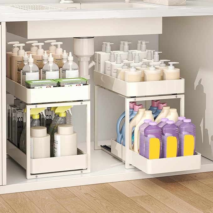 Pull Out Cabinet Organizer 1 pack 2 Tier Kitchen Under Sink Organizers and Storage for Clear Bathroom MultiPurpose Cabinet Organizer for Vanity Counter Cupboard Closet (1Set White)