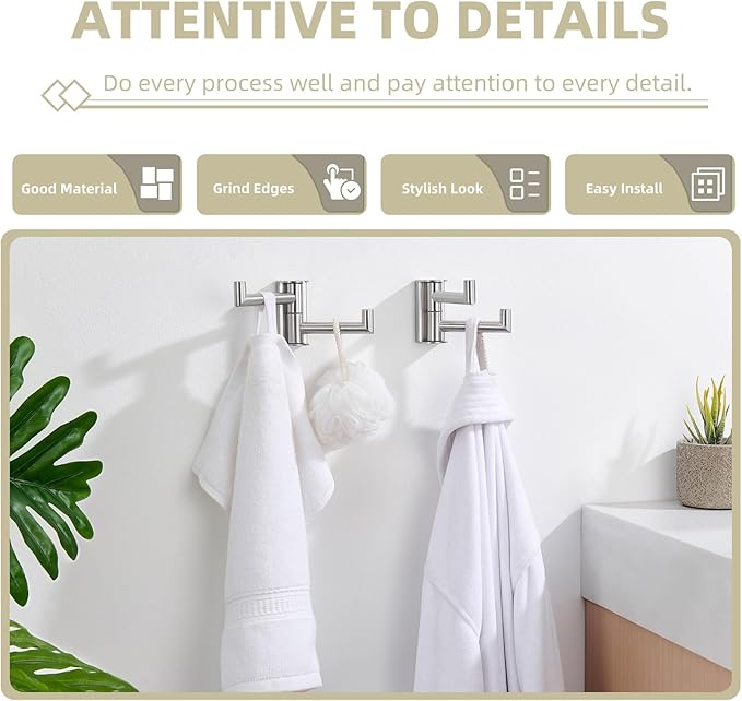 Suyar Brushed Nickel Double Towel Hook, SUS304 Stainless Steel Swivel Wall Hook with 2 Arms, Foldable Robe Coat Hanger for Bathroom, 2 Pack