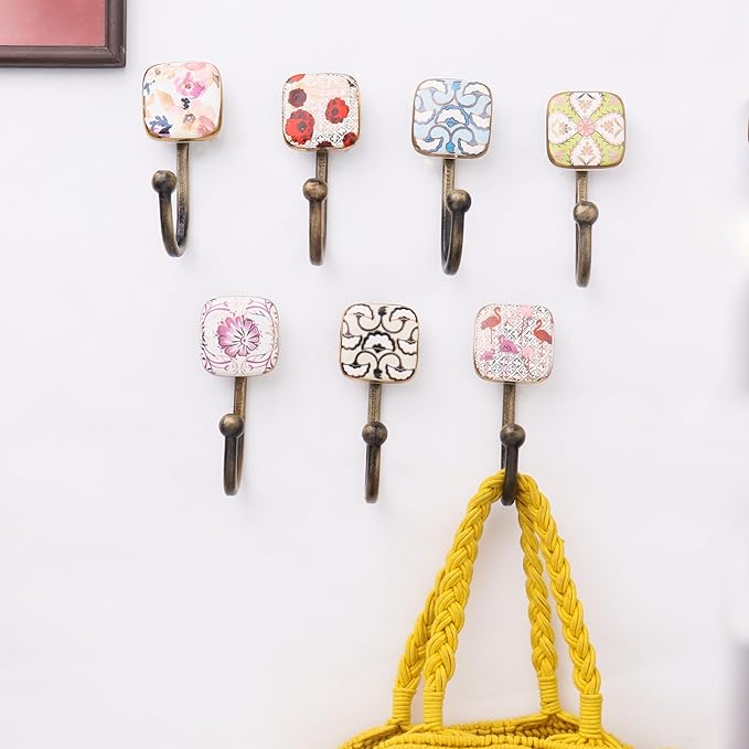 Indian Shelf Pack of 12 Ceramic Wall Hooks Modern - Multicolor Square Wall Mounted Coat Hooks - Ceramic Hooks for Hats - Square Key Hanging