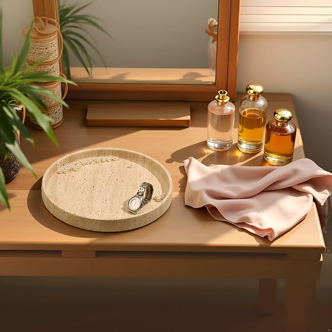 Natural Travertine Vanity Tray â Round Beige Marble Tray for Bathroom, Jewelry, Candle, Perfume, Nightstand & Kitchen Decor, 10 Inch Wabi-sabi Style Decorative Stone Catchall Organizer